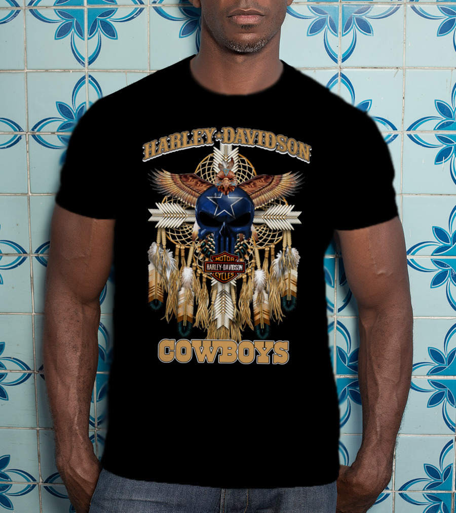 Harley Davidson Motor Cycles Cowboys Dreamcatcher Feathers Eagle Skull Star T-Shirt