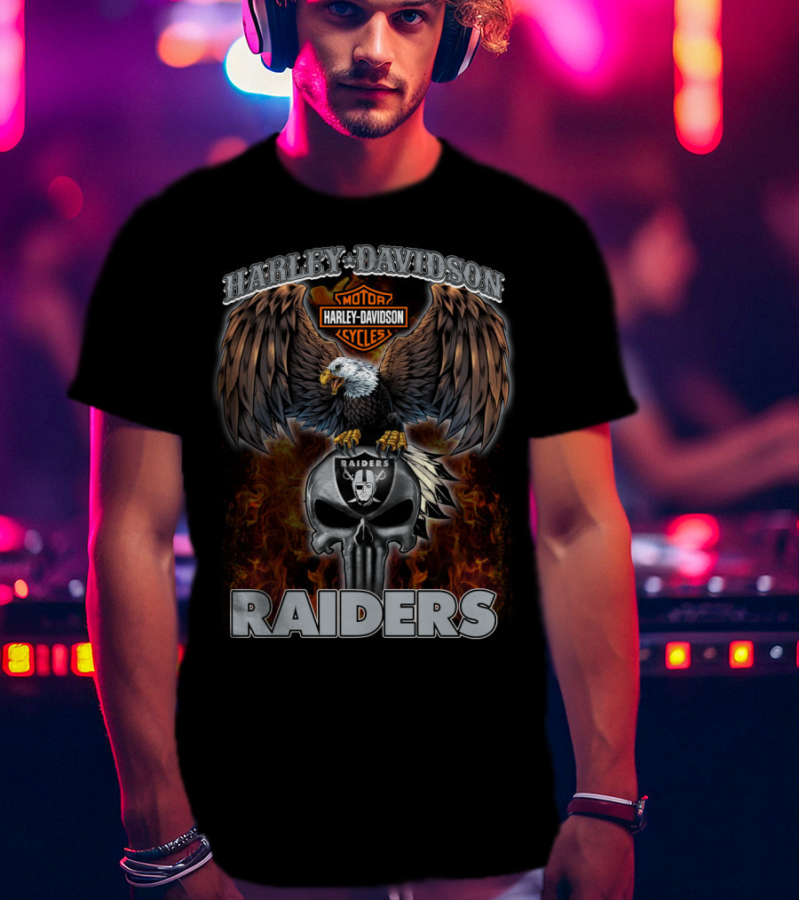 Harley Davidson Motor Cycles Raiders Skull Eagle Flame T-Shirt