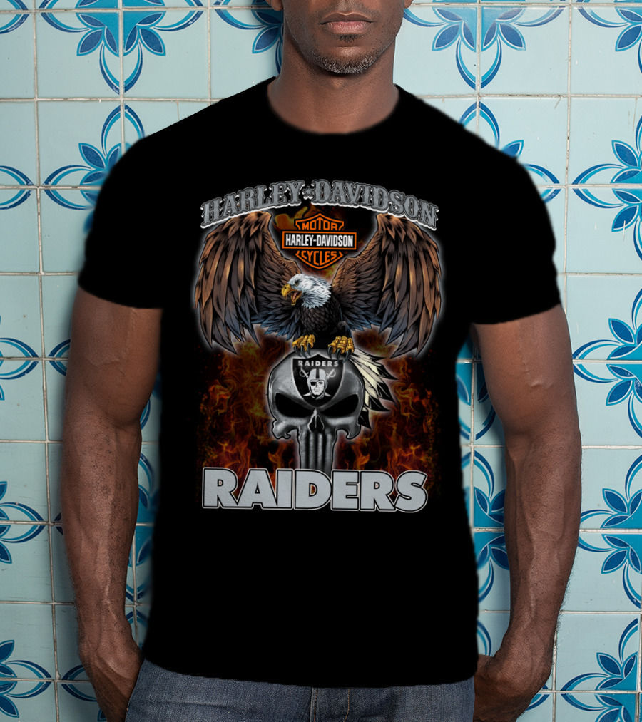 Harley Davidson Motor Cycles Raiders Skull Eagle Flame T-Shirt