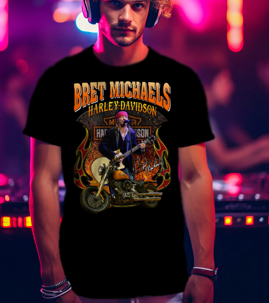 Bret Michaels Harley Davidson Motorcycle Concert Performance Signature T-Shirt