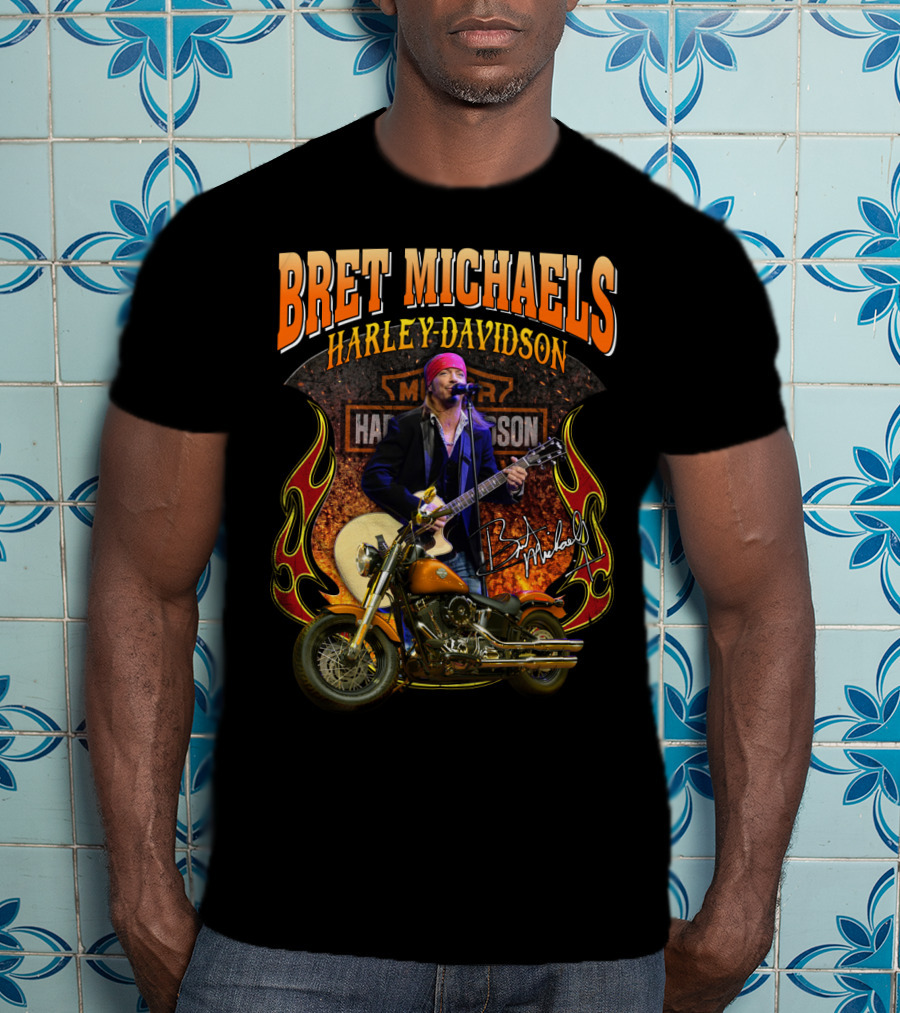 Bret Michaels Harley Davidson Motorcycle Concert Performance Signature T-Shirt