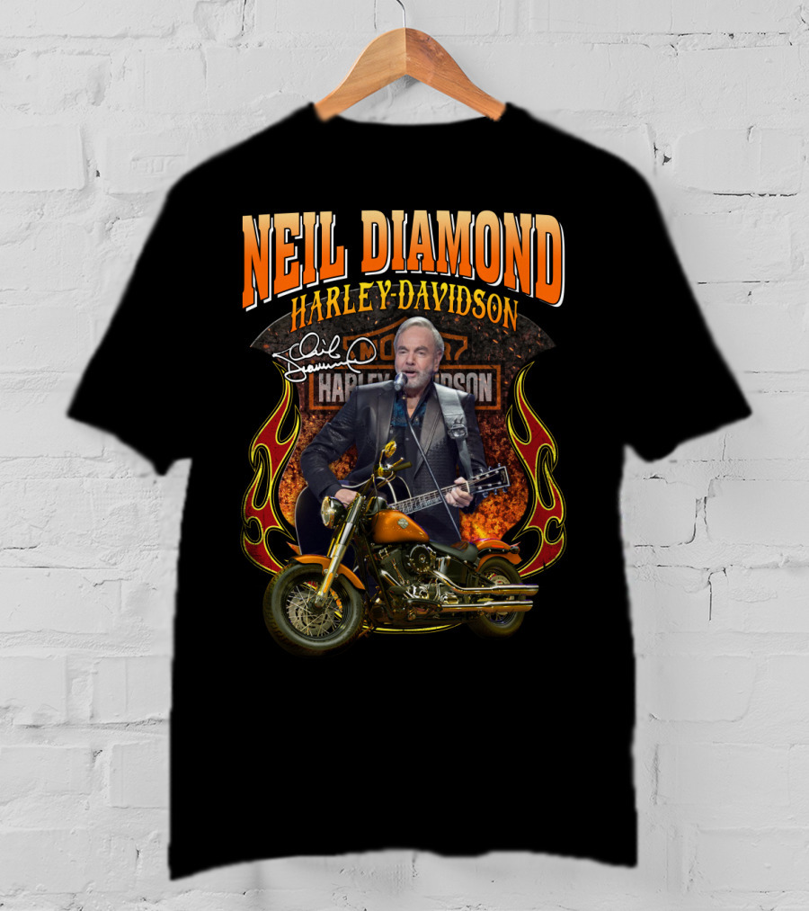 Neil Diamond Harley Davidson Motorcycle Flames Signature T-Shirt