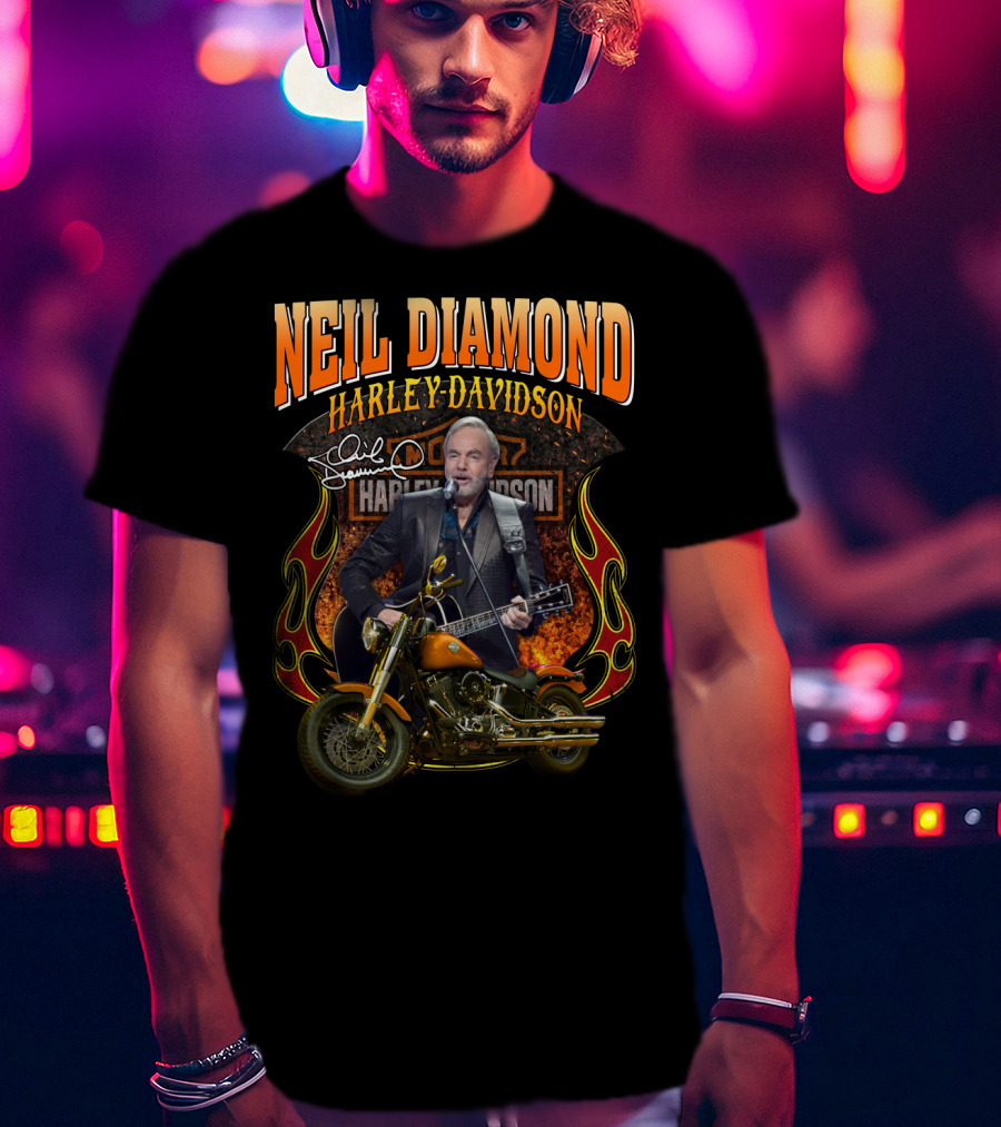 Neil Diamond Harley Davidson Motorcycle Flames Signature T-Shirt