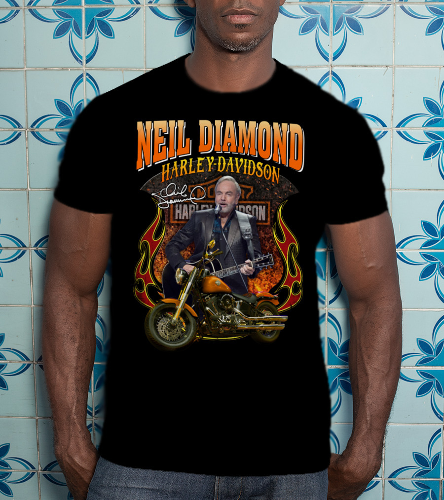 Neil Diamond Harley Davidson Motorcycle Flames Signature T-Shirt