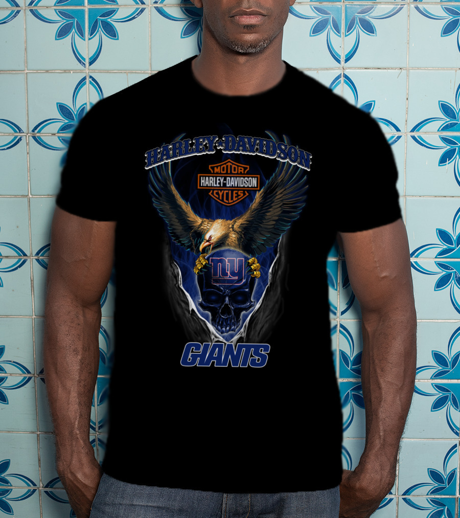 Harley Davidson Motor Cycles New York Giants Eagle Skull T-Shirt