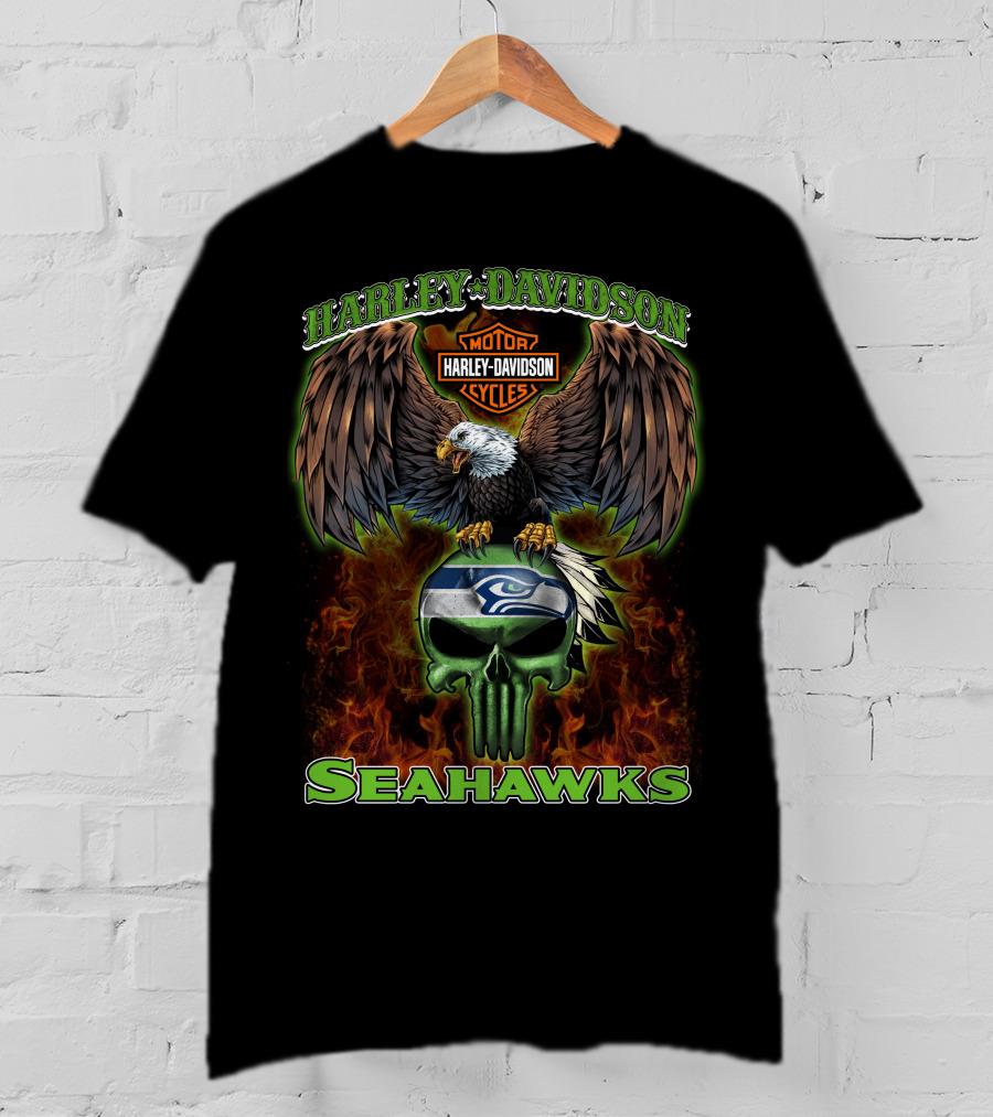 Harley Davidson Seahawks Motorcycles Eagle Skull T-Shirt