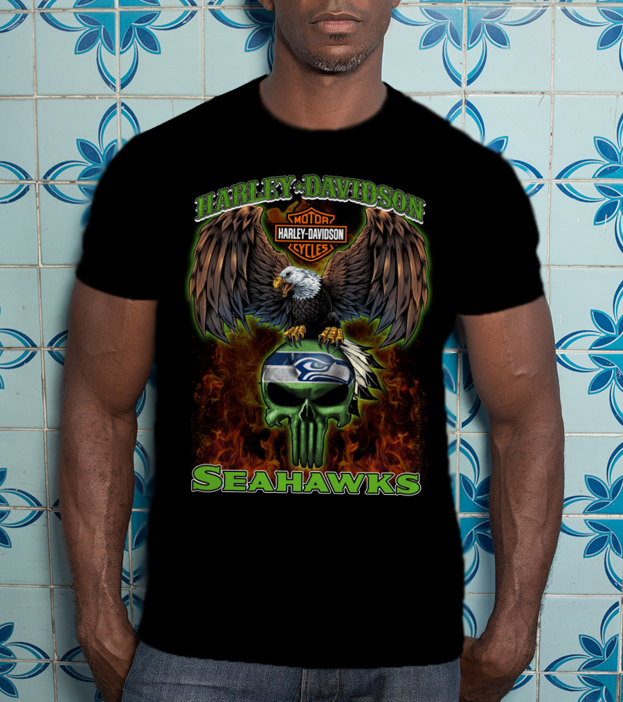Harley Davidson Seahawks Motorcycles Eagle Skull T-Shirt