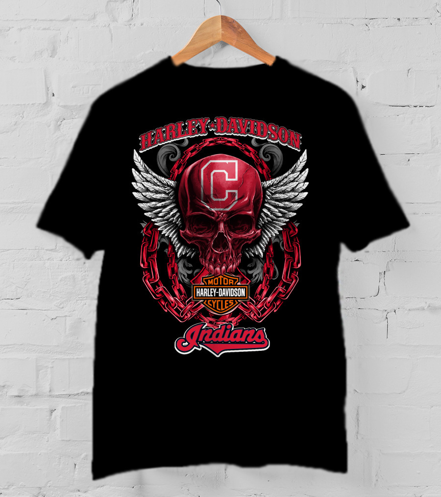 Harley Davidson Cleveland Indians Motorcycles Skull And Wings T-Shirt