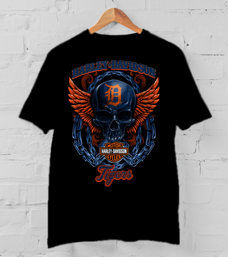 Harley Davidson Motorcycles Detroit Tigers Skull Wings T-Shirt