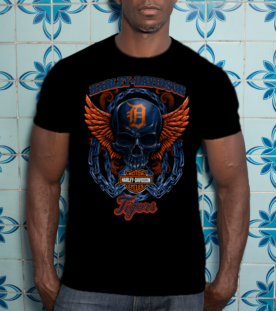 Harley Davidson Motorcycles Detroit Tigers Skull Wings T-Shirt