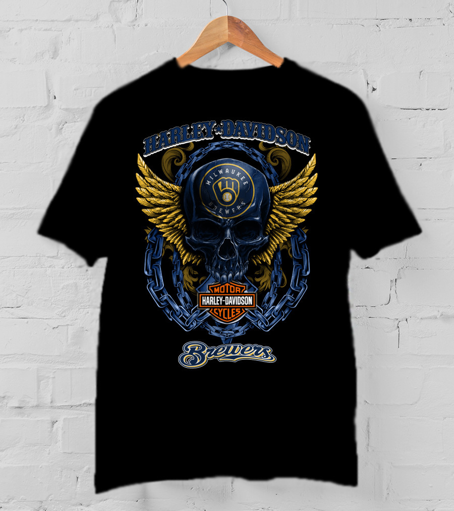 Harley Davidson Milwaukee Brewers Motor Cycles Winged Skull T-Shirt