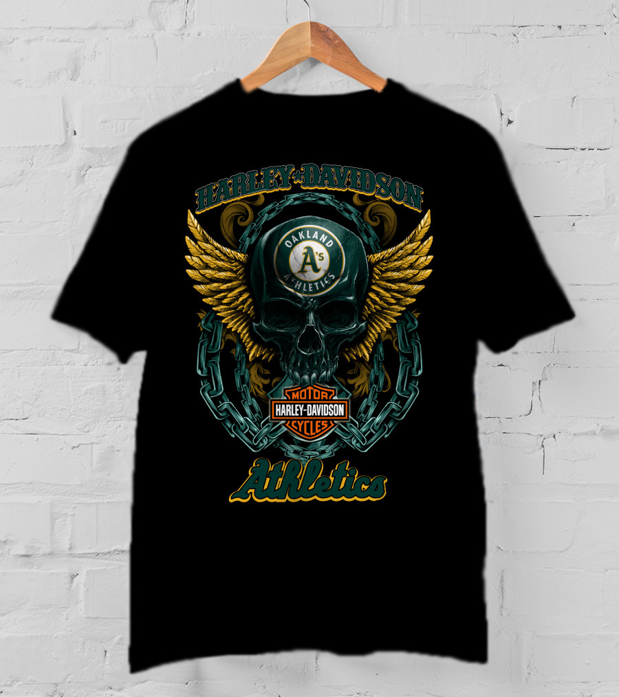 Harley Davidson Motorcycles Oakland Athletics Skull With Chains And Wings T-Shirt