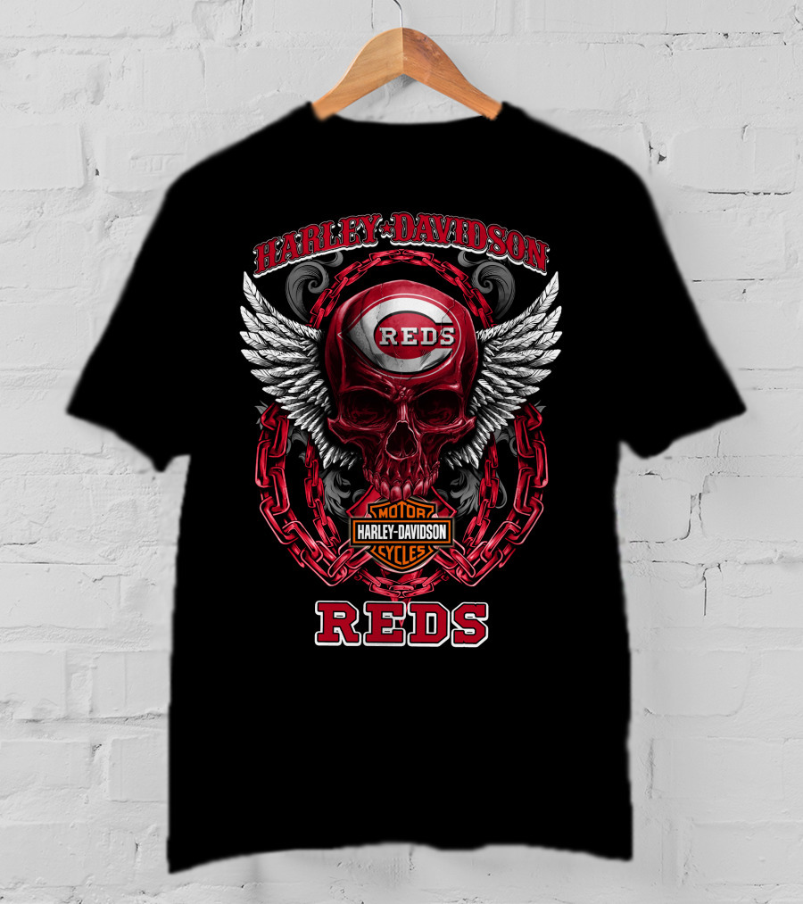 Harley Davidson Cincinnati Reds Skull Wings Chain T-Shirt