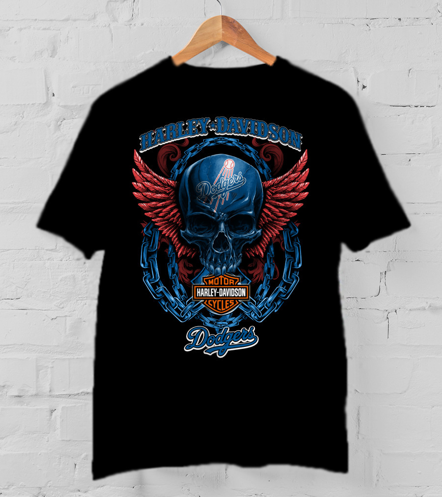 Harley Davidson Los Angeles Dodgers Motor Cycles Skull With Wings T-Shirt