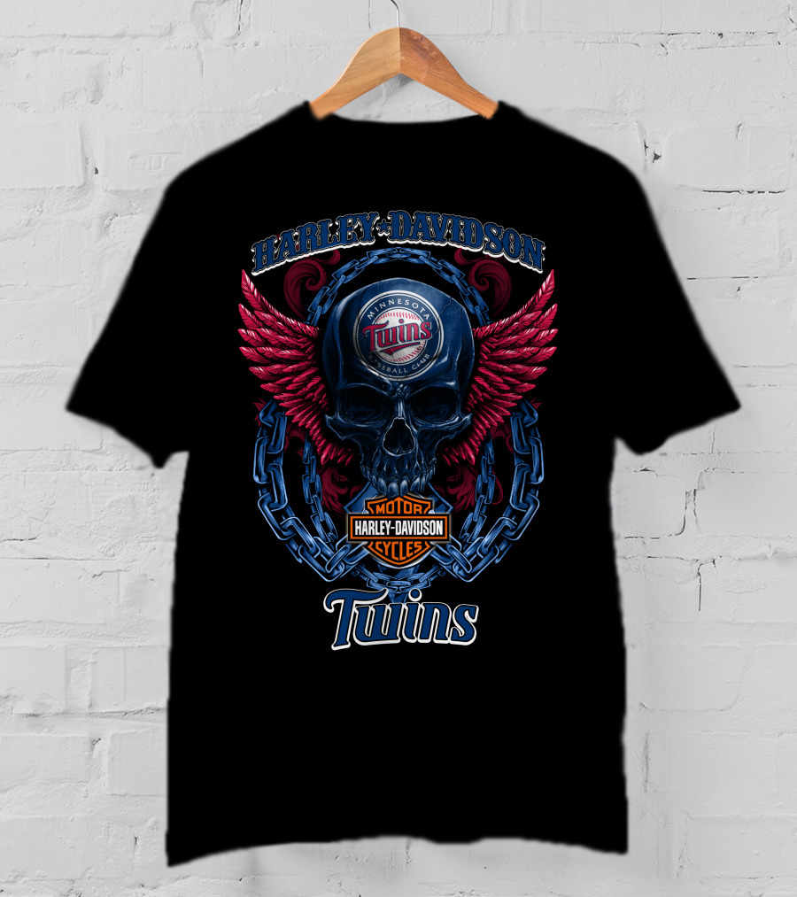 Harley Davidson Minnesota Twins Baseball Club Motorcycle Cycles Skull Wings T-Shirt
