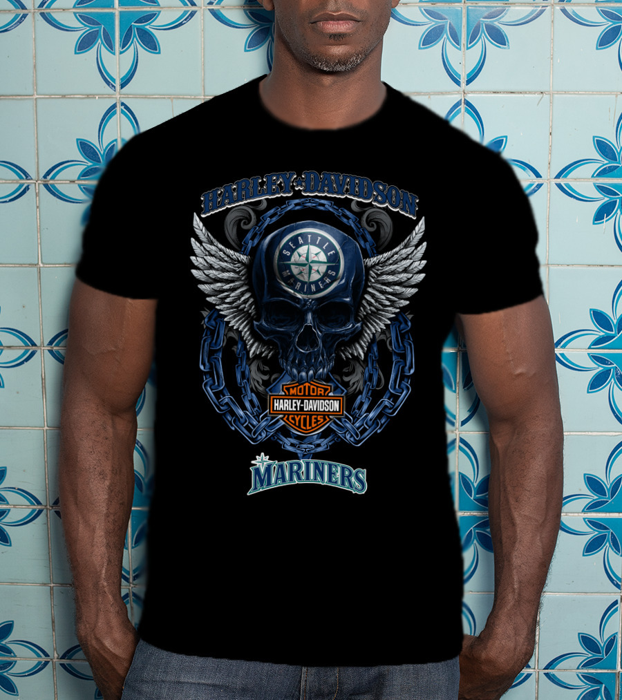 Harley Davidson Seattle Mariners Skull Winged Emblem With Motorcycles T-Shirt