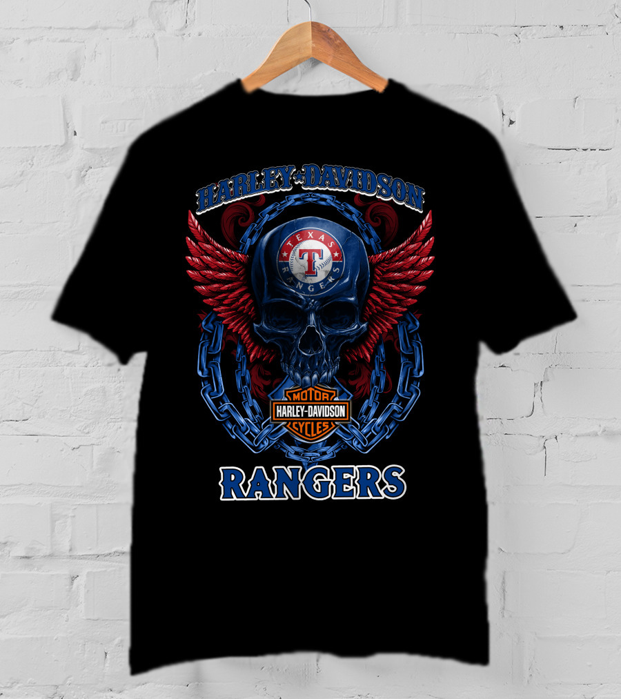 Harley Davidson Texas Rangers Skull Wings Chains T-Shirt