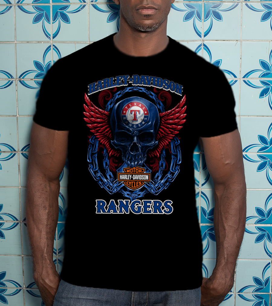Harley Davidson Texas Rangers Skull Wings Chains T-Shirt