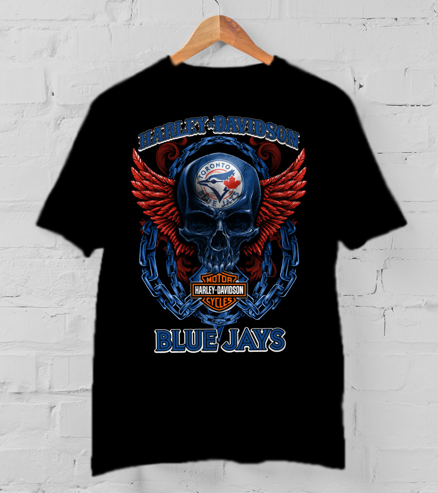 Harley Davidson Toronto Blue Jays Motor Cycles Skull Wings T-Shirt
