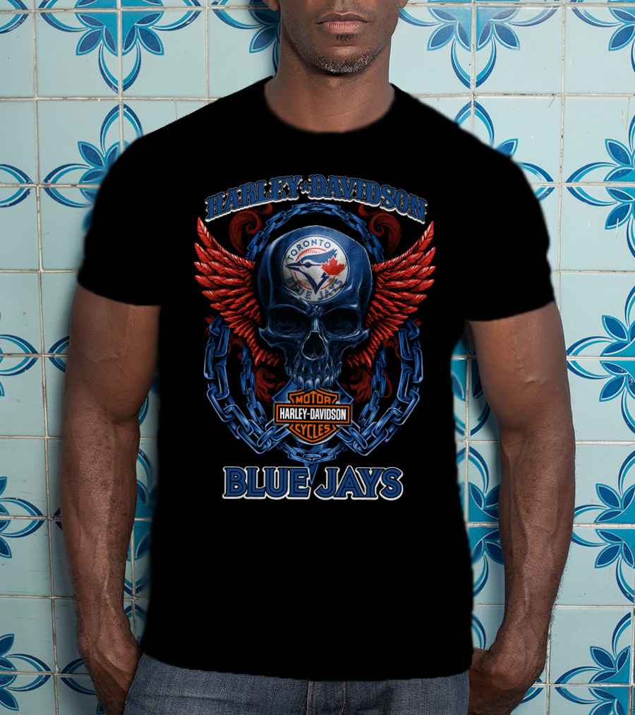 Harley Davidson Toronto Blue Jays Motor Cycles Skull Wings T-Shirt