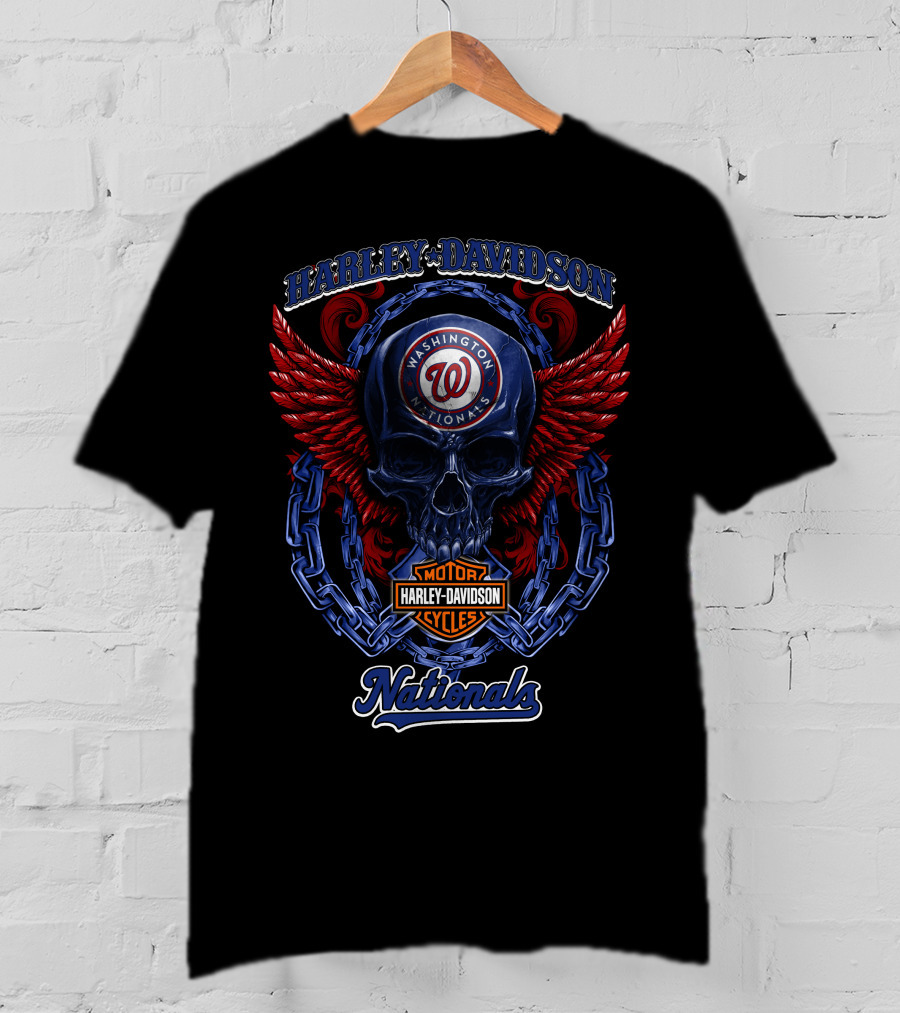 Harley Davidson Washington Nationals Motor Cycles Skull Wings T-Shirt