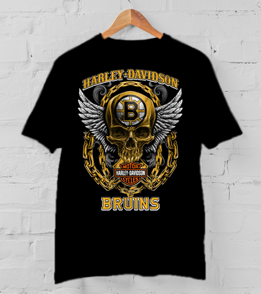 Harley Davidson Motorcycles Bruins Nhl Boston Bruins Skull Winged T-Shirt