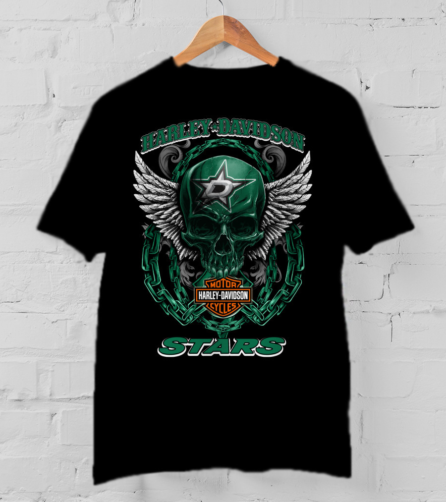 Harley Davidson Motorcycles Dallas Stars Nhl Winged Skull Chain T-Shirt
