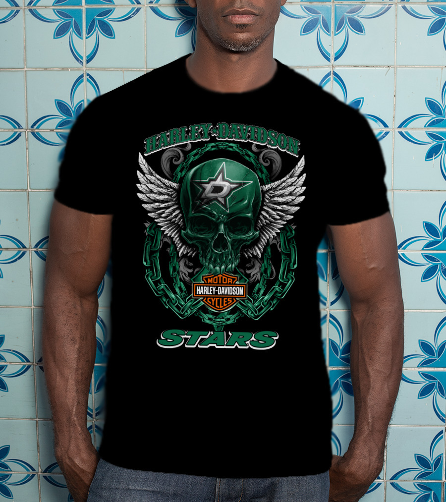Harley Davidson Motorcycles Dallas Stars Nhl Winged Skull Chain T-Shirt