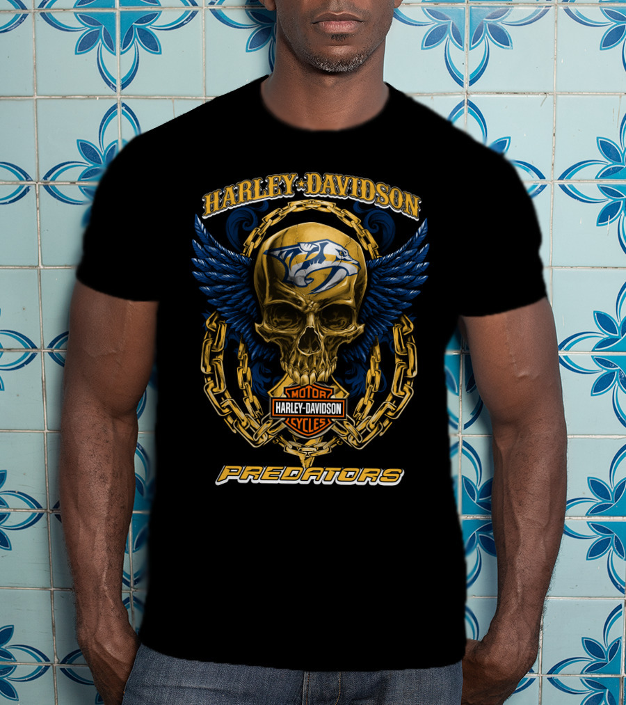 Harley Davidson Motor Cycles Nashville Predators Skull And Chains T-Shirt
