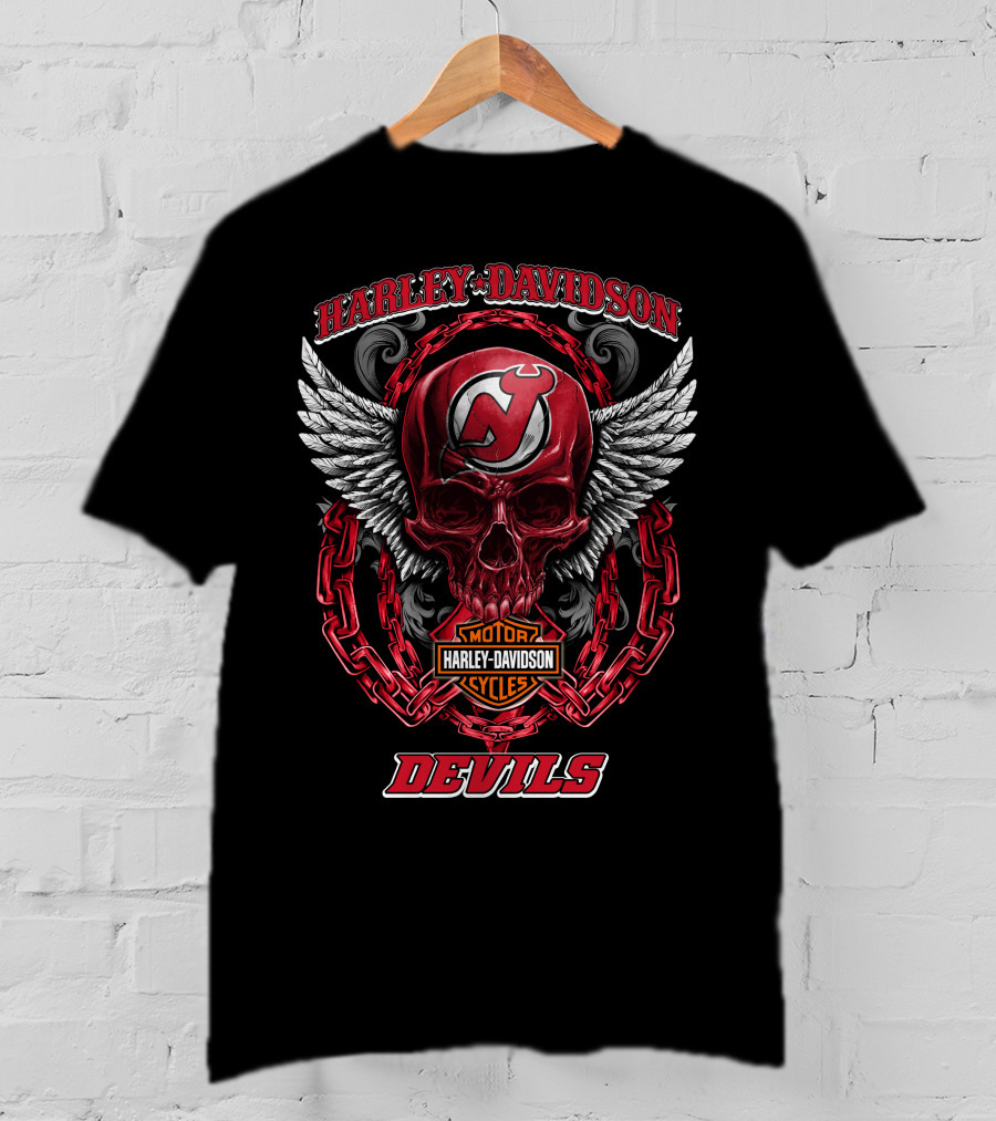 Harley Davidson New Jersey Devils Skull Wings Chains Motorcycles T-Shirt