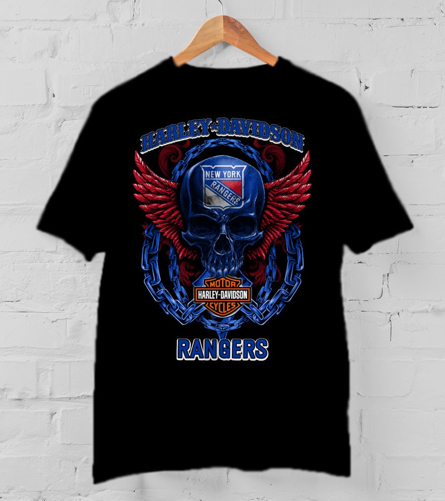 Harley Davidson New York Rangers Skull With Wings And Chain T-Shirt