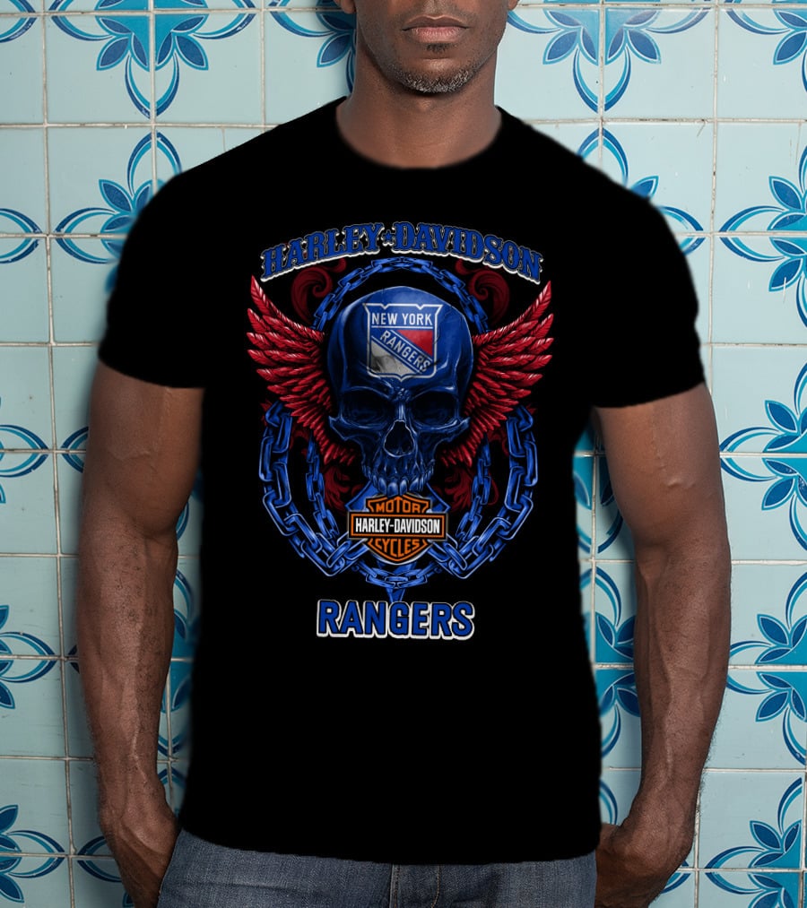 Harley Davidson New York Rangers Skull With Wings And Chain T-Shirt