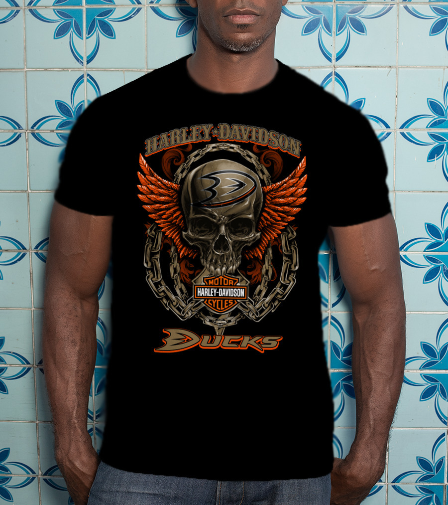 Harley Davidson Anaheim Ducks Nhl Skull Chains Wings T-Shirt