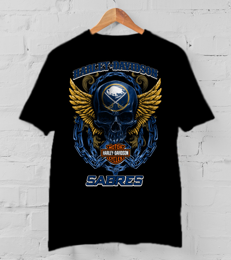 Harley Davidson Buffalo Sabres Nhl Motor Cycles Skull Wings T-Shirt
