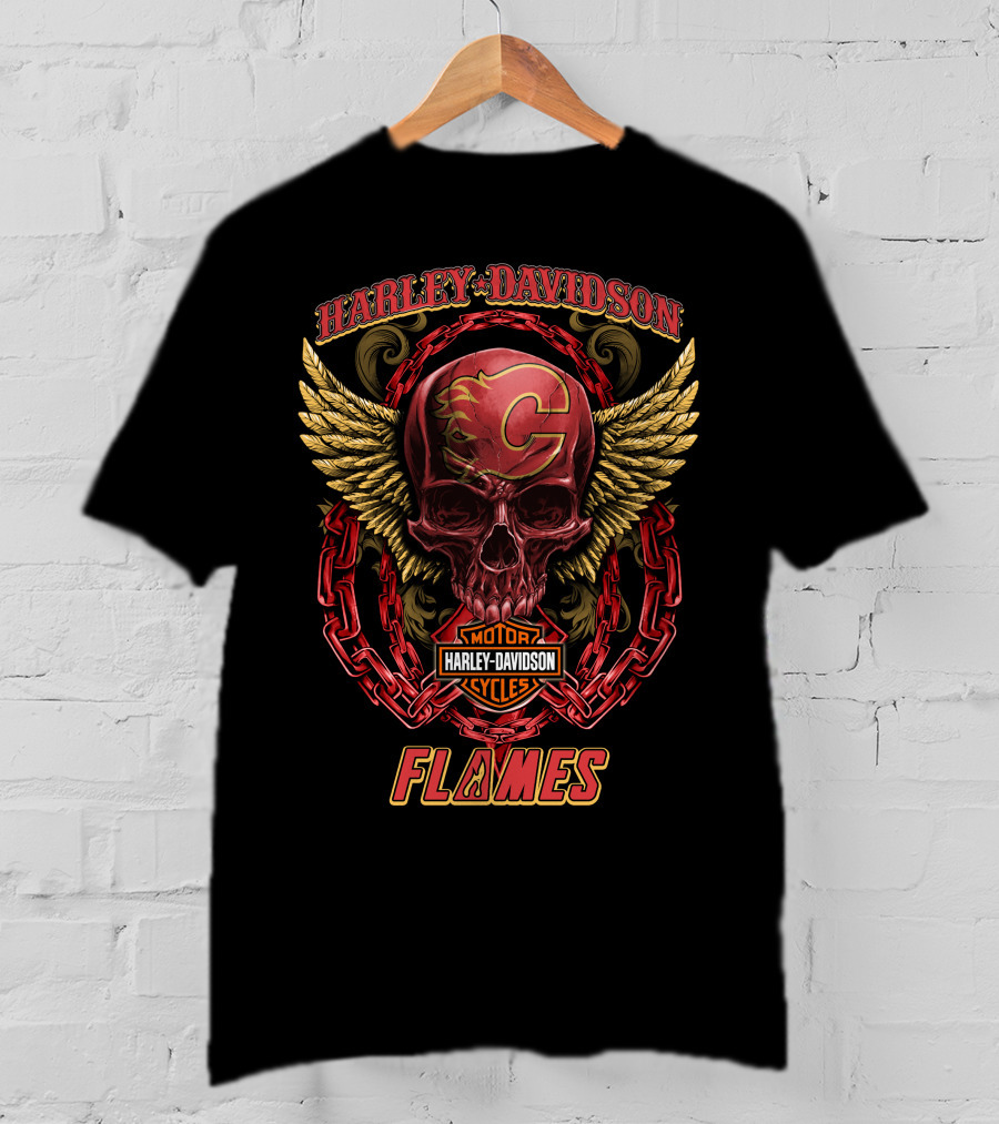 Harley Davidson Calgary Flames Skull Wings Chains T-Shirt