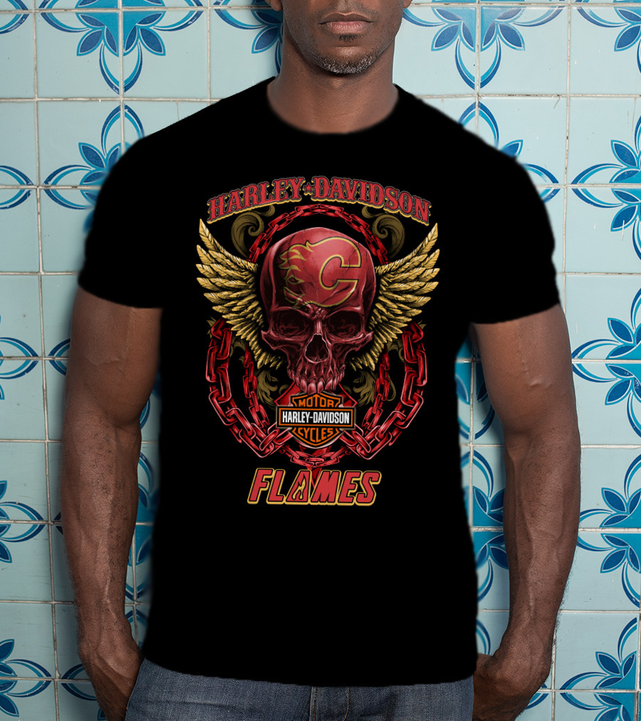 Harley Davidson Calgary Flames Skull Wings Chains T-Shirt