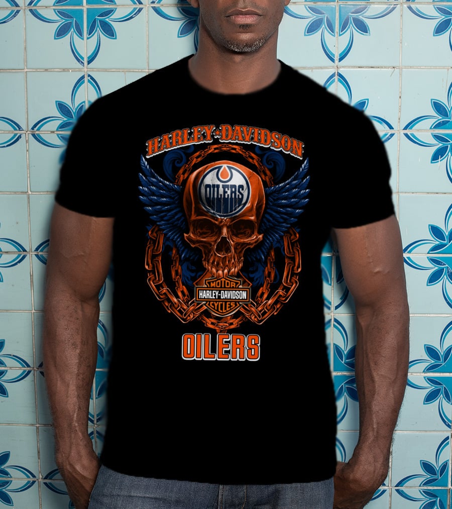 Harley Davidson Nhl Edmonton Oilers Skull And Wings T-Shirt