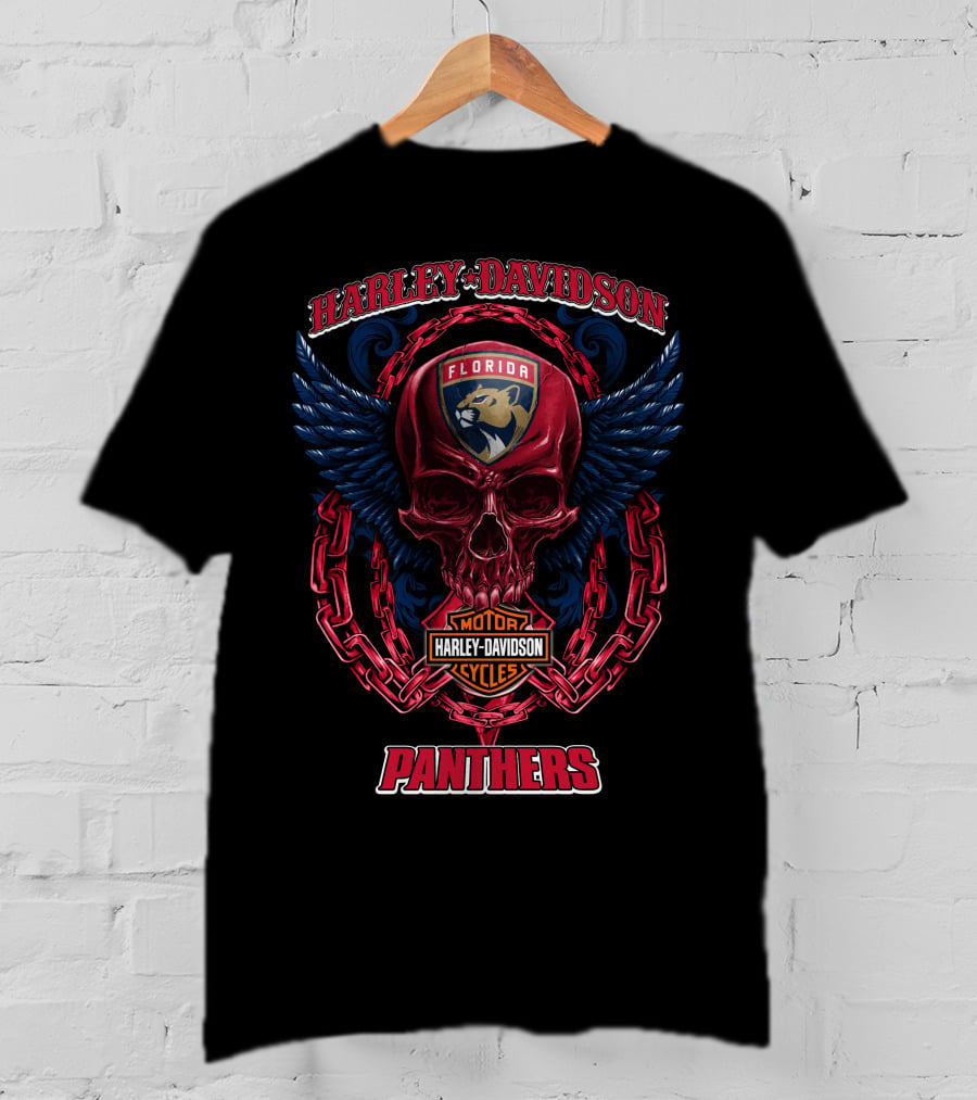 Harley Davidson Florida Panthers Motorcycles Nhl Winged Skull T-Shirt