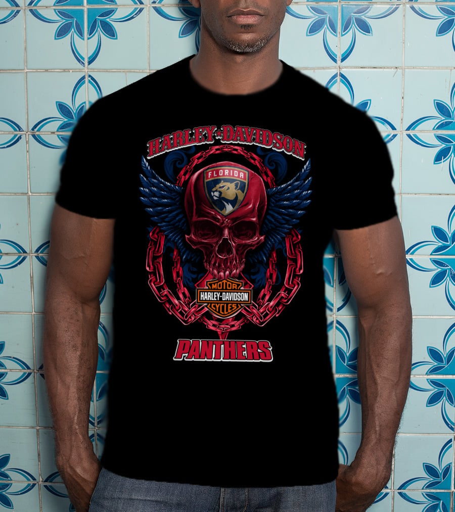 Harley Davidson Florida Panthers Motorcycles Nhl Winged Skull T-Shirt