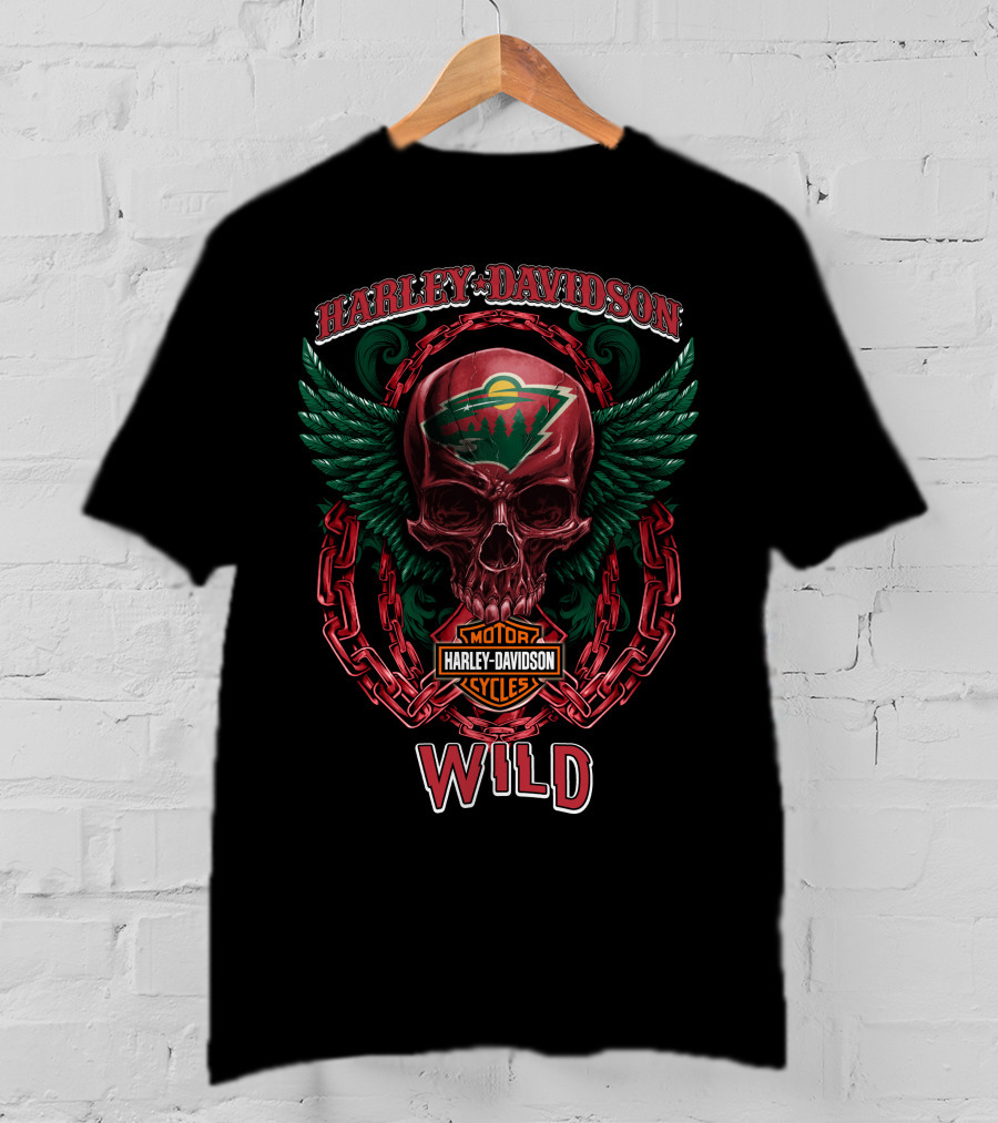 Harley Davidson Motorcycles Nhl Minnesota Wild Skull Wings Chain T-Shirt