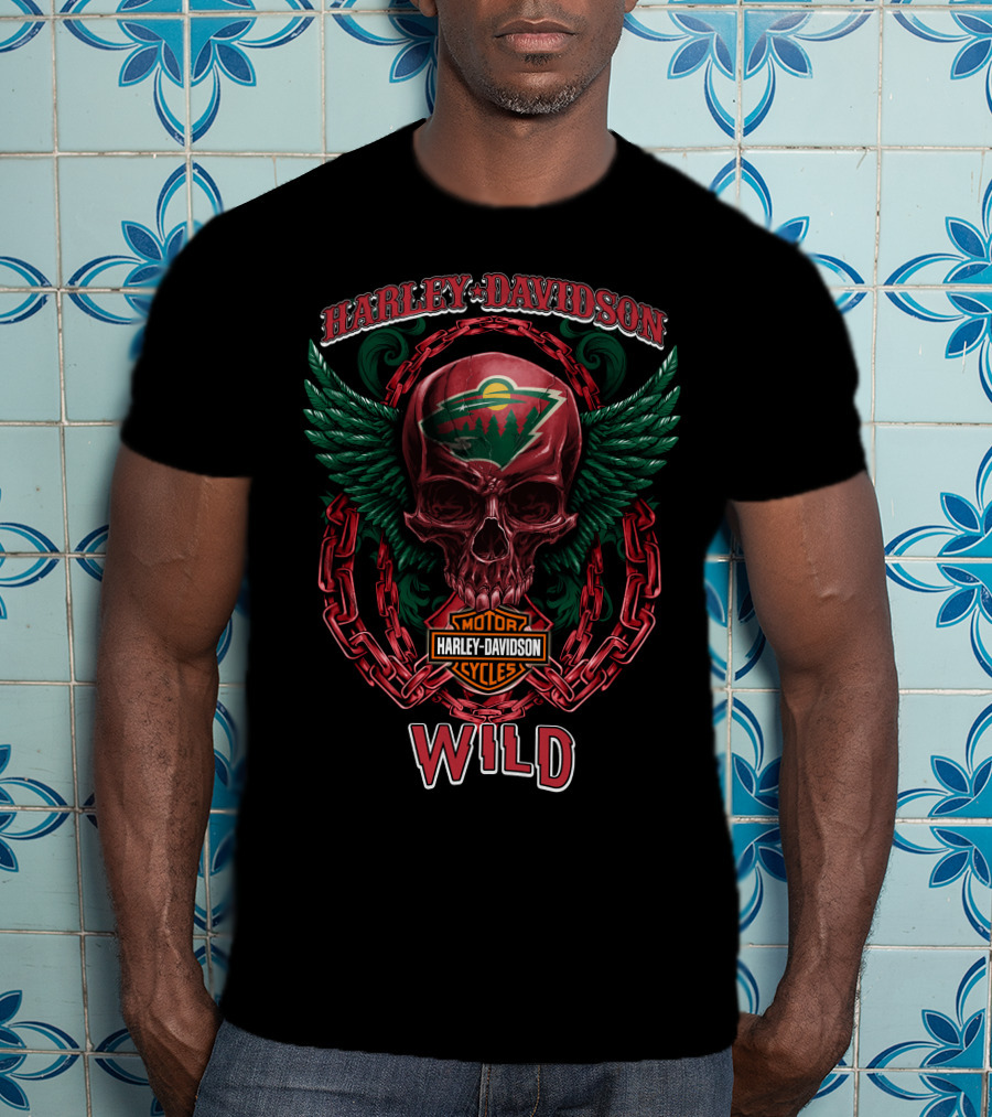 Harley Davidson Motorcycles Nhl Minnesota Wild Skull Wings Chain T-Shirt