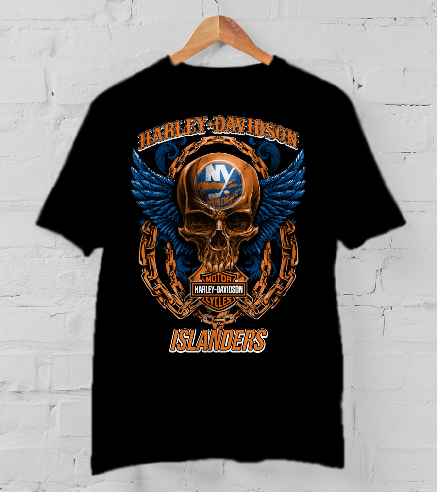 Harley Davidson Motor Cycles Islanders Skull Wings Chain Nhl New York Islanders T-Shirt