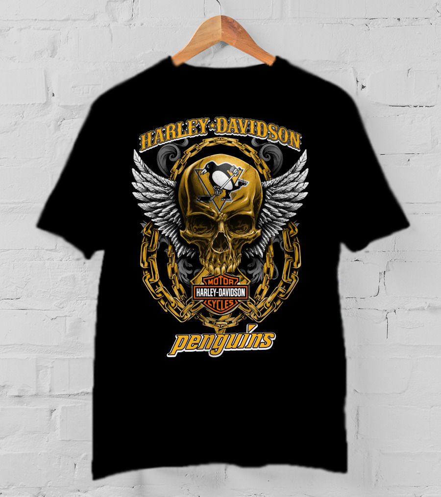 Harley Davidson Pittsburgh Penguins Nhl Skull Wings Chain T-Shirt