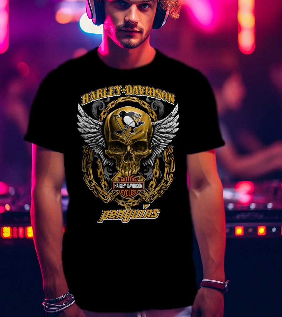 Harley Davidson Pittsburgh Penguins Nhl Skull Wings Chain T-Shirt