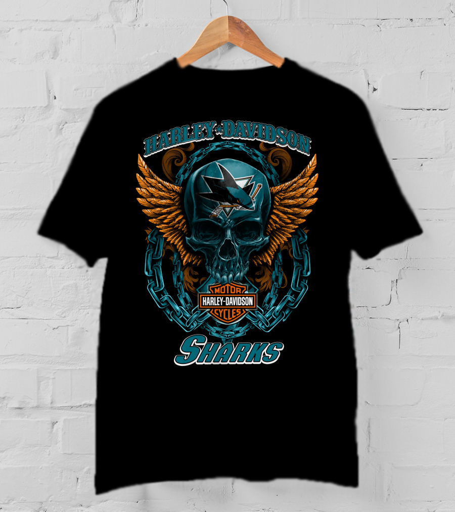 Harley Davidson San Jose Sharks Nhl Motorcycles Skull And Wings T-Shirt