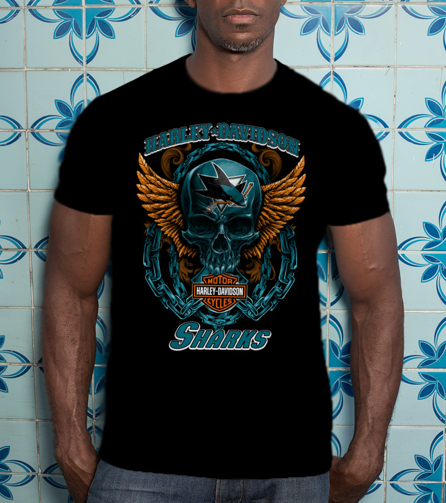 Harley Davidson San Jose Sharks Nhl Motorcycles Skull And Wings T-Shirt