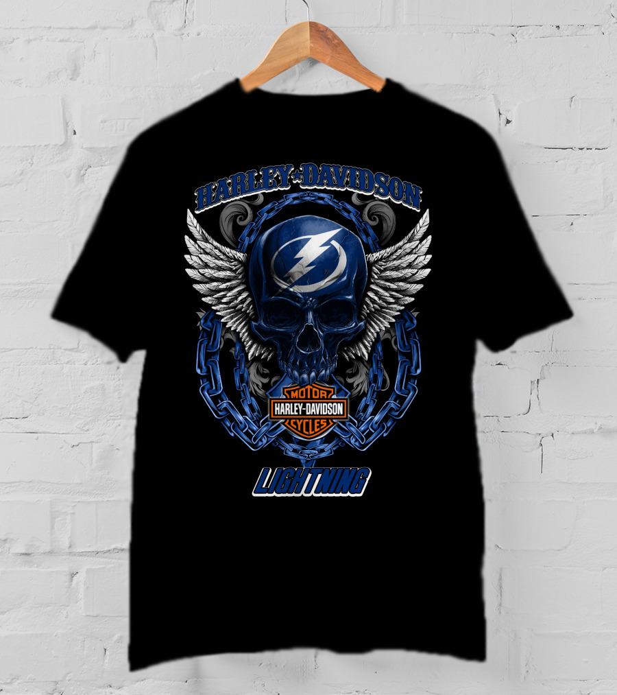 Harley Davidson Nhl Tampa Bay Lightning Skull Wings Chain T-Shirt