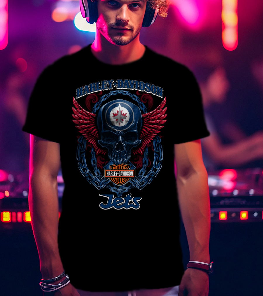 Harley Davidson Motor Cycles Nhl Winnipeg Jets Skull Wings T-Shirt