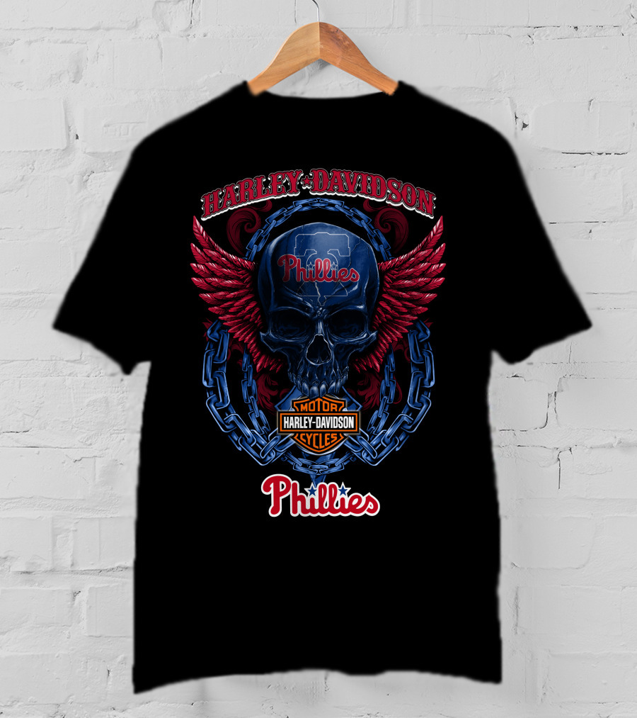 Harley Davidson Phillies Skull Wings Motor Cycles T-Shirt