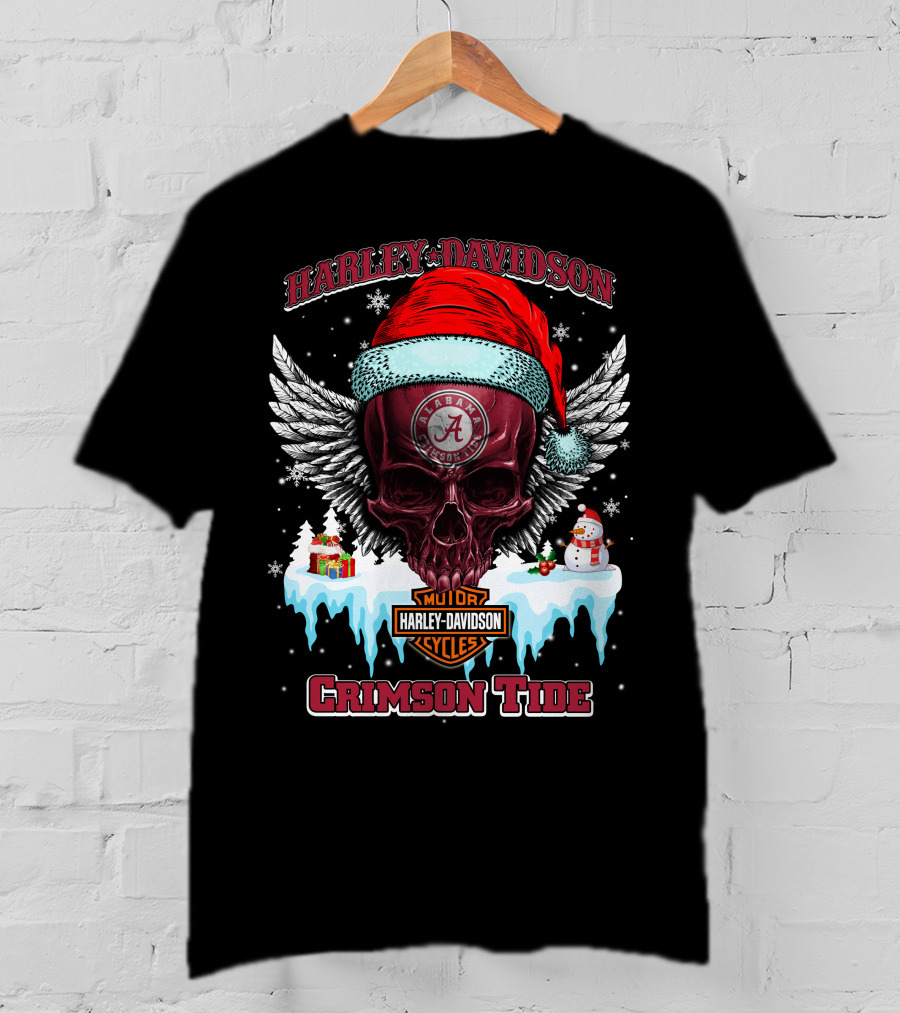 Harley Davidson Alabama Crimson Tide Christmas Skull Wings T-Shirt